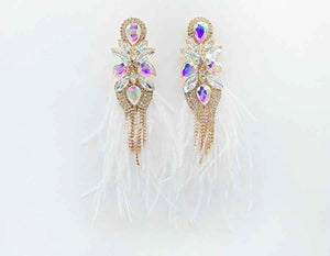 GOLD WHITE FEATHER EARRINGS CLEAR PEACH STONES ( 2603 WHT )