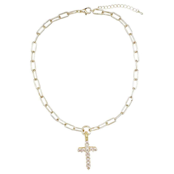 14K GOLD PLATED CROSS NECKLACE CLEAR CZ STONES ( 1323 GC )