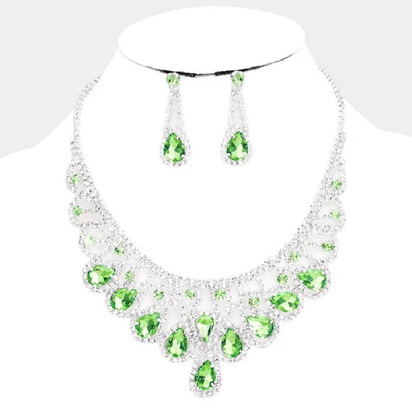 SILVER NECKLACE SET LIME GREEN CLEAR STONES ( 15237 SLM )