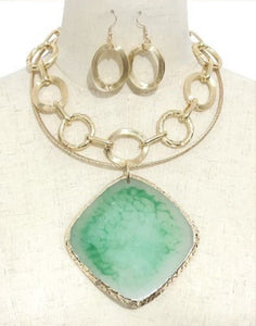 GOLD CHOKER AGATE NECKLACE SET GREEN STONE ( 3652 GPJADE )