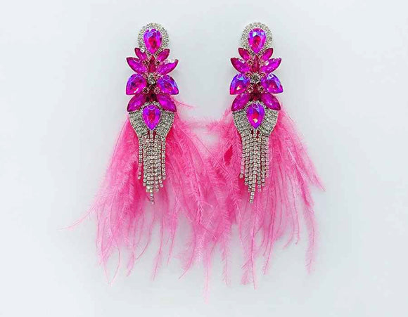 GOLD FUCHSIA FEATHER EARRINGS CLEAR FUCHSIA STONES ( 2603 FUC )