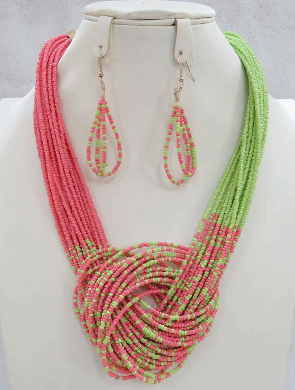 PINK GREEN Bead Necklace Set ( 611 PKGN )