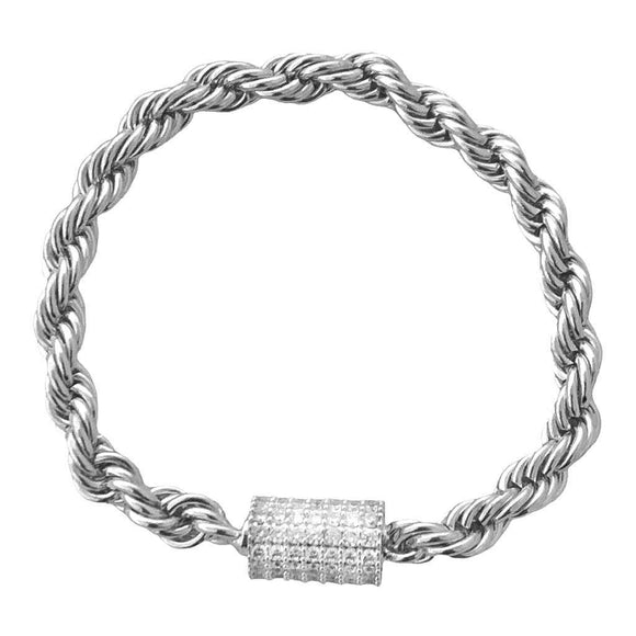 SILVER ROPE CHAIN MAGNETIC BRACELET CYLINDER CLEAR STONES ( 9523 S )
