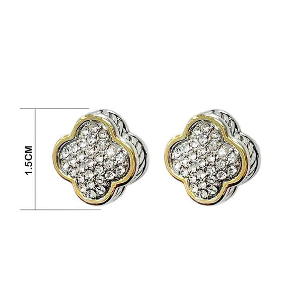 SILVER GOLD QUATREFOIL STUD EARRINGS CLEAR STONES ( 1056 )