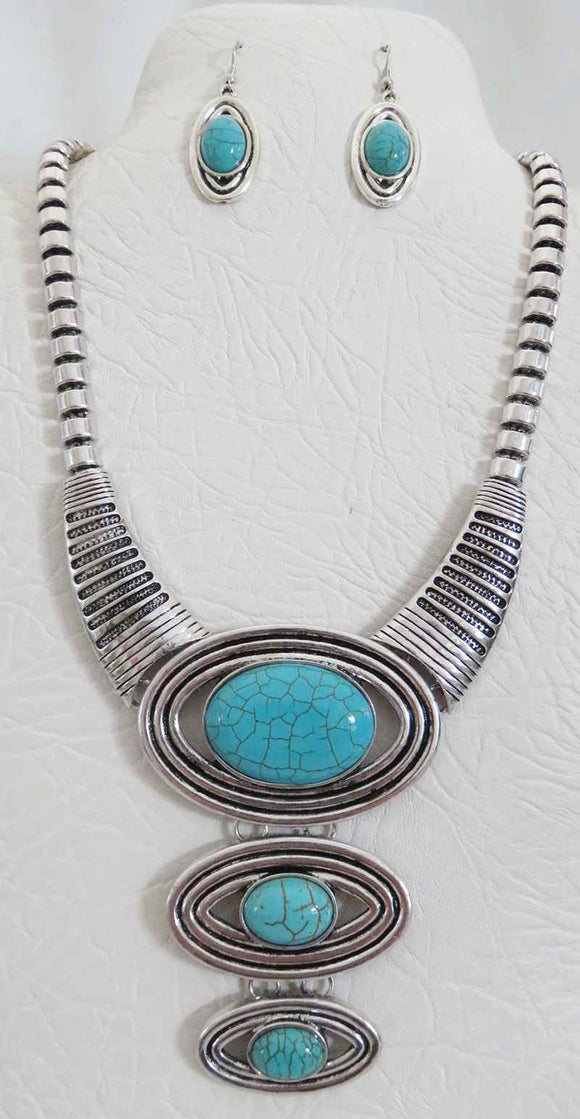 Silver Turquoise Necklace Set ( 3464 TQ )