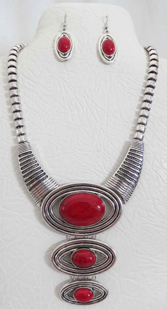 Silver Red Necklace Set ( 3464 RD )