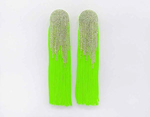 LONG GOLD GREEN TASSEL EARRINGS CLEAR STONES ( 2602 GRN )