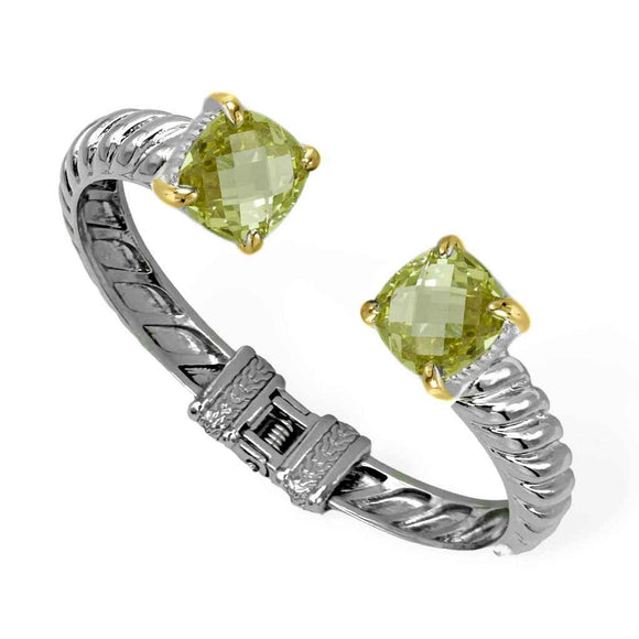 SILVER GOLD CUFF BANGLE OLIVE GREEN CZ STONES ( 9239 KOL )