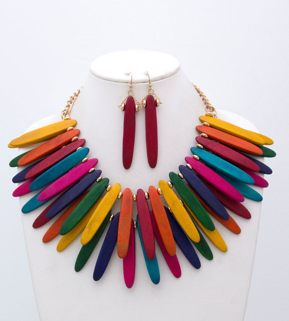 2 LAYER MULTI COLOR WOOD NECKLACE SET ( 2907 GPMT )