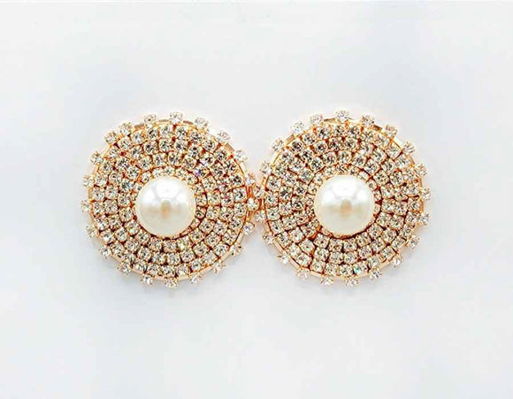 GOLD ROUND EARRINGS CLEAR STONES WHITE PEARLS ( 2562 GDCRY )