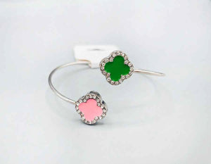 SILVER CUFF BANGLE QUATREFOIL PINK GREEN ( 1589 PKGRN )