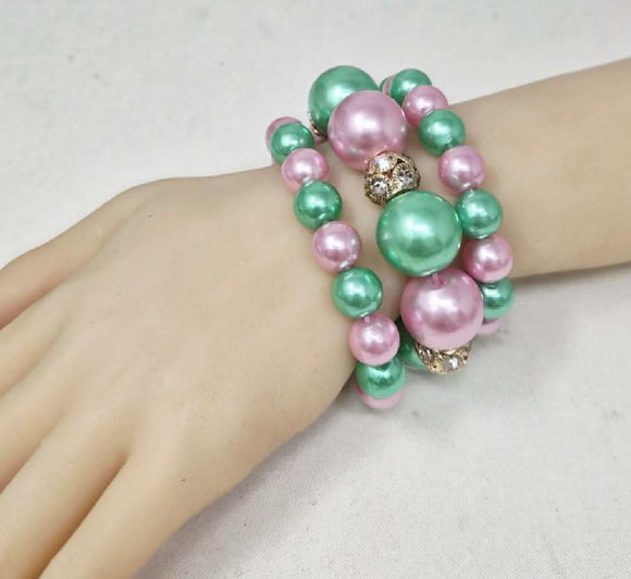PINK GREEN PEARL STRETCH BRACELETS ( 10446 PKGR )