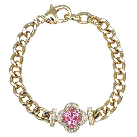 14K GOLD PLATED CZ QUATREFOIL BRACELET PINK ( 1057 BGRO )