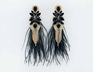 GOLD BLACK FEATHER EARRINGS CLEAR BLACK STONES ( 2603 BK )