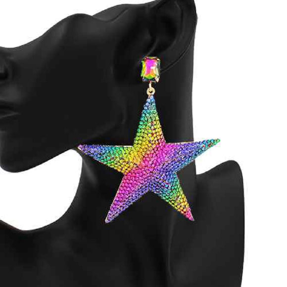 LARGE GOLD STAR EARRINGS RAINBOW COLORED STONES ( 2474 GDRNB )
