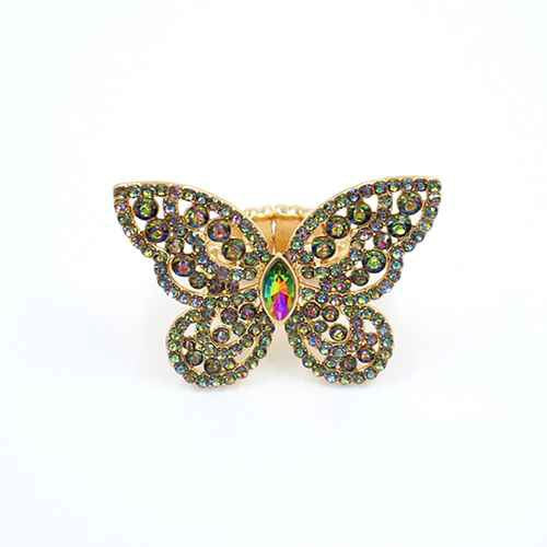 GOLD BUTTERFLY STRETCH RING VITRAIL OIL SPILL STONES ( 2014 GDHG )