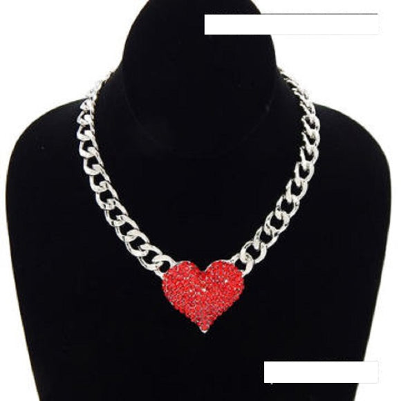 SILVER Chain with RED Rhinestone Heart ( 9091 RDRED )