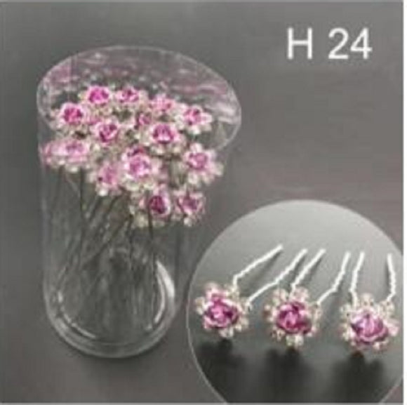 20 SILVER U PIN CLEAR STONES PINK FLOWER PIN ( H24 )