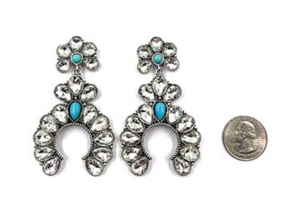 TURQUOISE CRYSTAL SQUASH BLOSSOM EARRINGS ( 2230 SBTQCR )