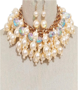 GOLD CREAM PEARL CHUNKY NECKLACE SET ( 3519 GPCRMAB )