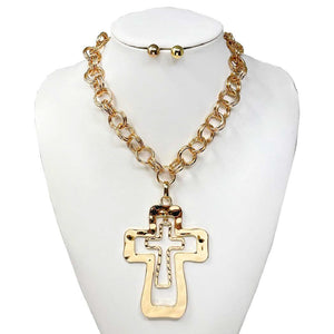 LARGE GOLD CROSS NECKLACE SET ( 30048 G )