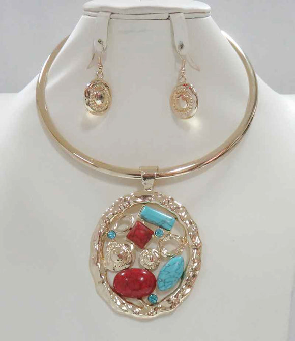 Gold Choker Necklace Set Turquoise Red Stones ( 4248 GTQ )