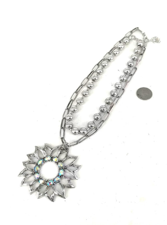 Silver Sunflower Necklace AB Stones ( 0227 SBAB )