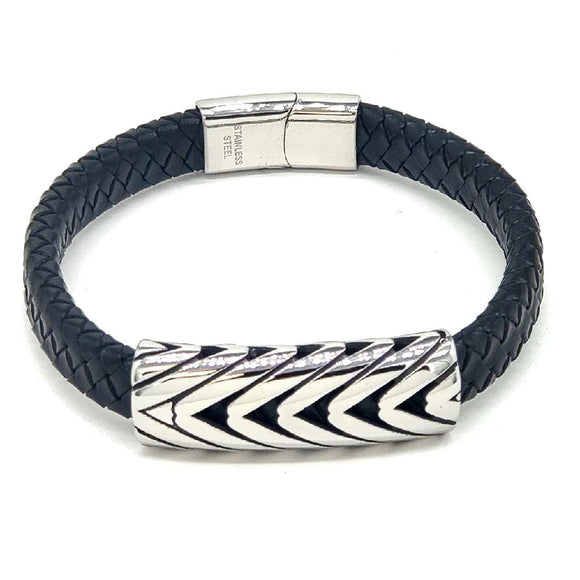 Men's Black Leather Braided Stainless Steel Chain Design Bracelet ( 053 BK )