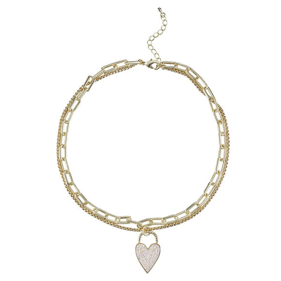 GOLD HEART NECKLACE CLEAR STONES ( 9415 G )