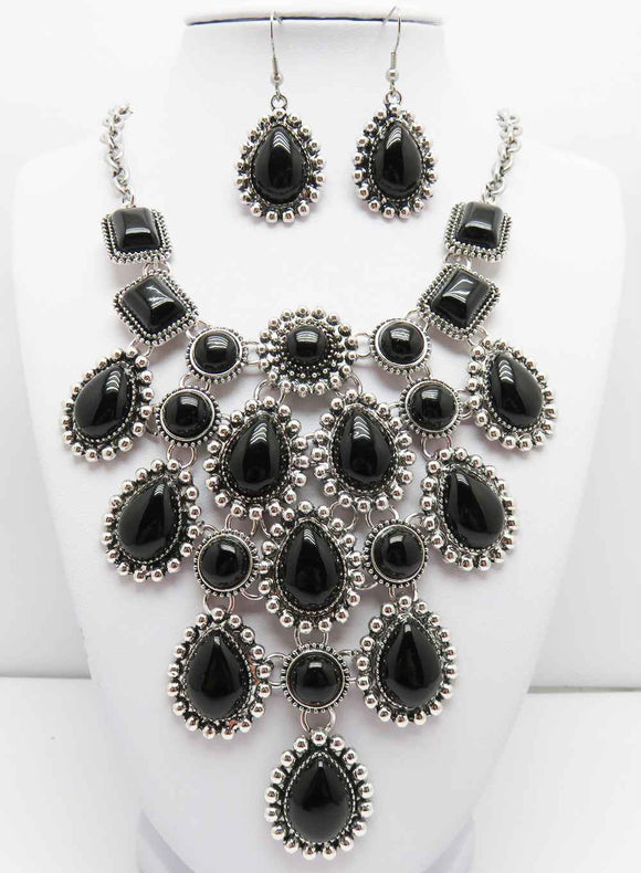 Silver Black Necklace Set ( 3086 BK )