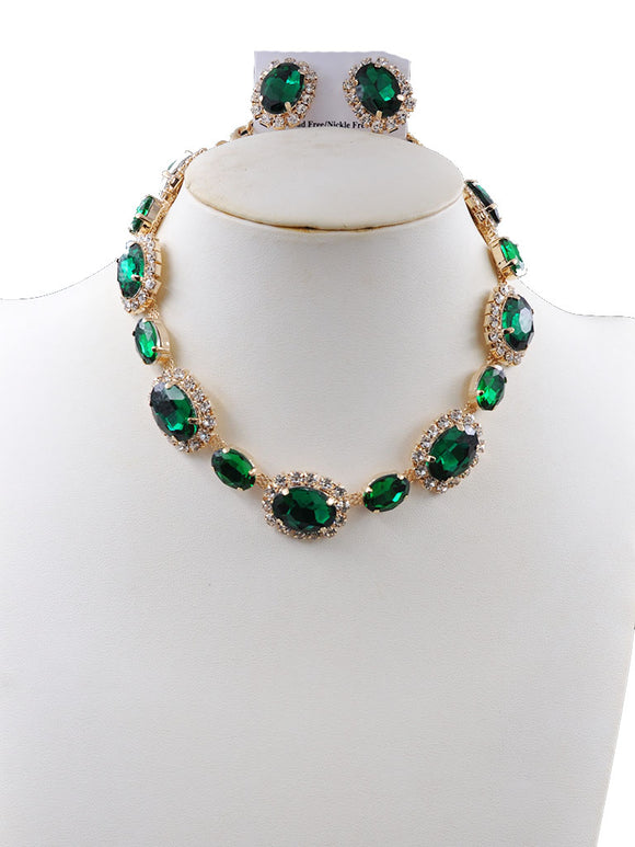 GOLD NECKLACE SET CLEAR GREEN STONES ( 241502 EMNK )