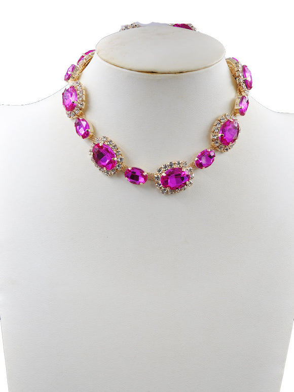 GOLD NECKLACE SET CLEAR PINK STONES ( 241502 RNK )