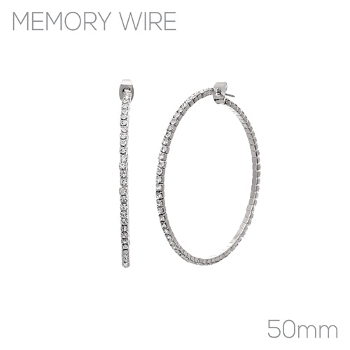 50MM THIN SILVER HOOP EARRINGS CLEAR STONES ( 24785 CRS )