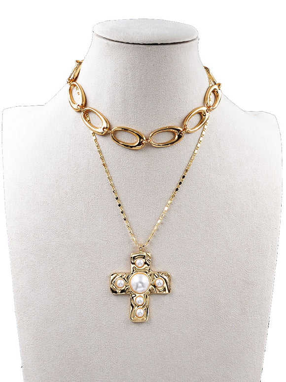 GOLD CROSS NECKLACE PEARLS ( 253020 GNK )