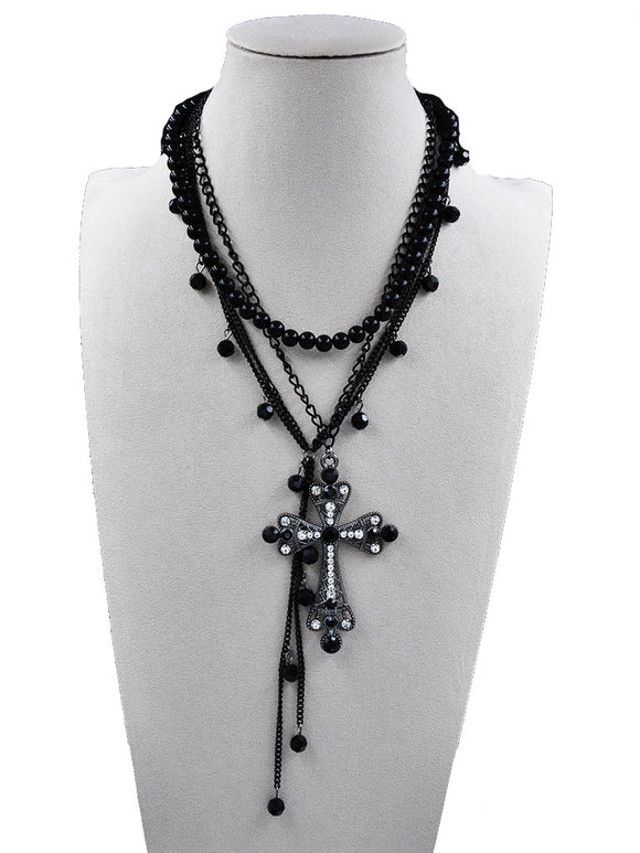 BLACK PEARL CROSS NECKLACE ( 254210 BKNK )