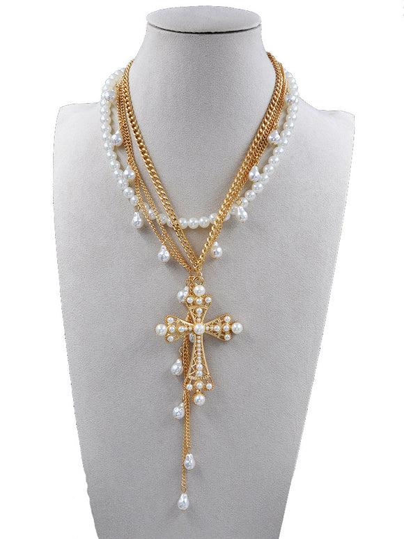 GOLD PEARL CROSS NECKLACE ( 254210 GNK )
