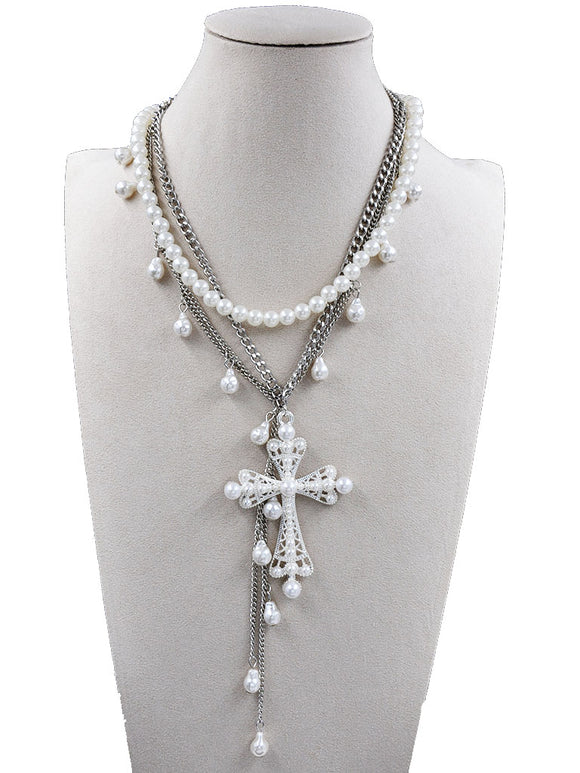 SILVER PEARL CROSS NECKLACE ( 254210 SNK )