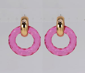 GOLD ROUND FUSCHSIA PINK DOORHAMMER FASHION EARRINGS ( 4709 GLFUS )