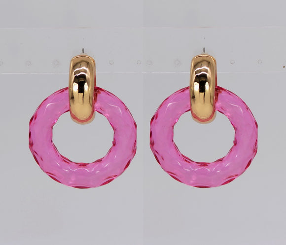 GOLD ROUND FUSCHSIA PINK DOORHAMMER FASHION EARRINGS ( 4709 GLFUS )