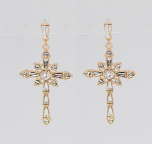 DANGLING GOLD CROSS EARRINGS CLEAR STONES ( 5298 GLCRY )