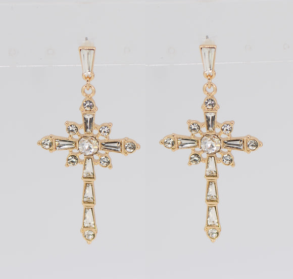 DANGLING GOLD CROSS EARRINGS CLEAR STONES ( 5298 GLCRY )