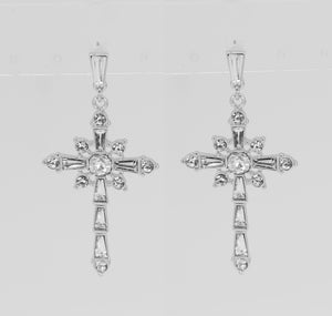 DANGLING SILVER CROSS EARRINGS CLEAR STONES ( 5298 SLCRY )