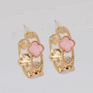 GOLD PINK QUATREFOIL HOOP EARRINGS ( 5670 GLPNK )