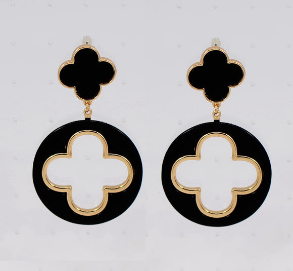 DANGLING BLACK QUATREFOIL EARRINGS ( 6528 GLBLK )