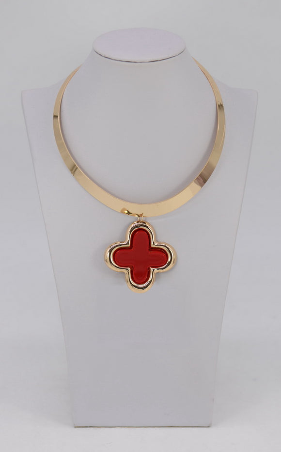 GOLD RED QUATREFOIL CHOKER NECKLACE ( 1630 GLRED )