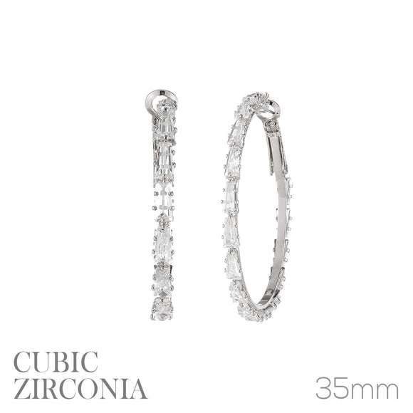 SILVER HOOP EARRINGS CLEAR CZ CUBIC ZIRCONIA STONES ( 26374 35 CRS )