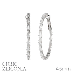 SILVER HOOP EARRINGS CLEAR CZ CUBIC ZIRCONIA STONES ( 26374 45 CRS )