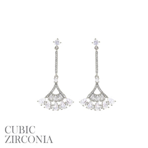 SILVER DANGLING FAN SHAPE EARRINGS CZ CURIC ZIRCONIA STONES ( 26787 CRRH )