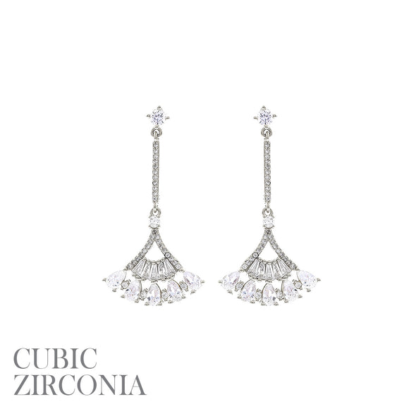 SILVER DANGLING FAN SHAPE EARRINGS CZ CURIC ZIRCONIA STONES ( 26787 CRRH )