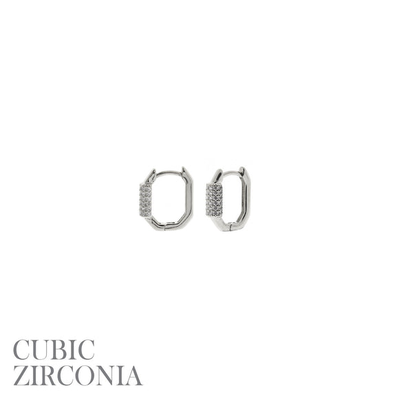 SILVER HOOP EARRINGS CLEAR CZ CUBIC ZIRCONIA STONES ( 27457 CRR )